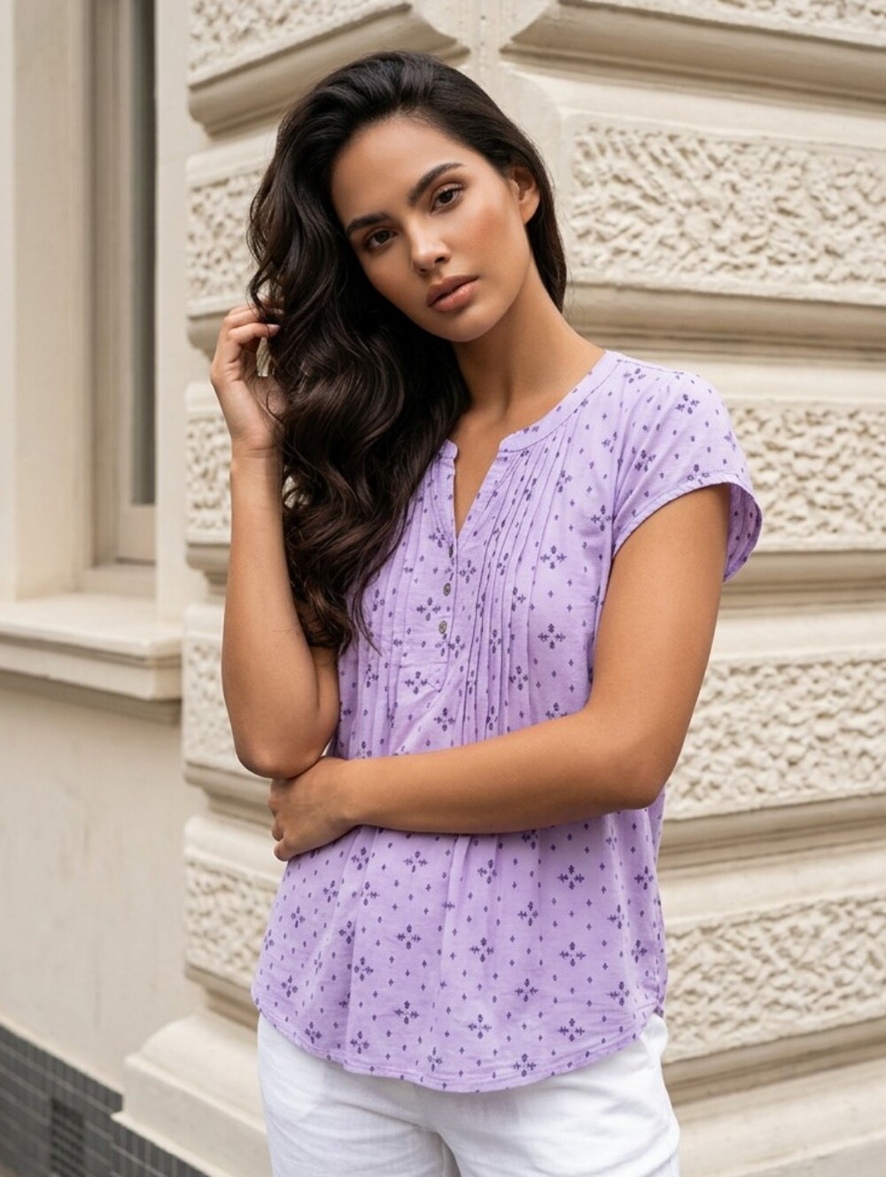 Sonoma Print Top Size L | Two Tone Purple Short Sleeve Pleated Front Lightweight